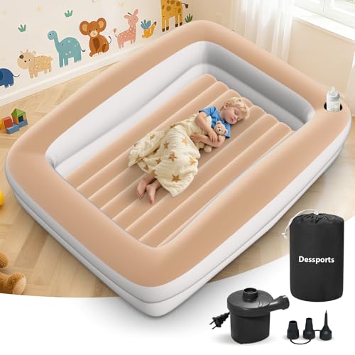 Inflatable Toddler Travel Bed - 67 Inches Portable Blow Up Bed with Safety Sides - Kids Air Mattress with Electric Pump & Carry Bag - Lightweight Camping Essential Bed for Sleeping Outddor - Khaki