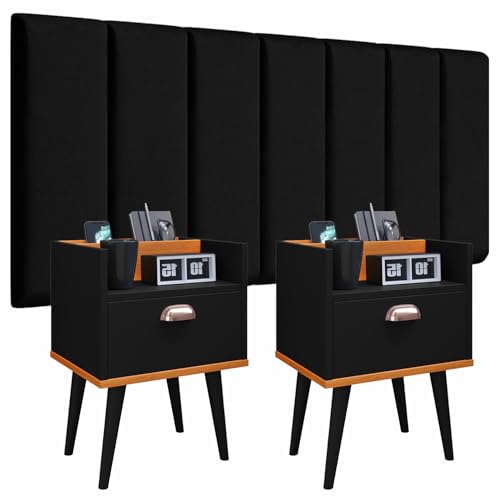 Conjunto Cabeceira Cama Casal 1,40 Modulado Com kit 2 Criado Quarto Milena (Preto - Preto/Cinamomo)