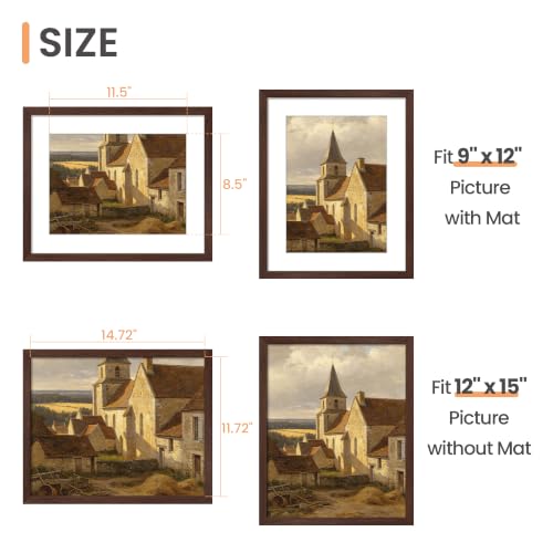 Image of upsimples 12 x 15 Frame, Display Pictures 9x12 with Mat or 12x15 Without, Wall Hanging Photo Frame, Brown, 1 Pack