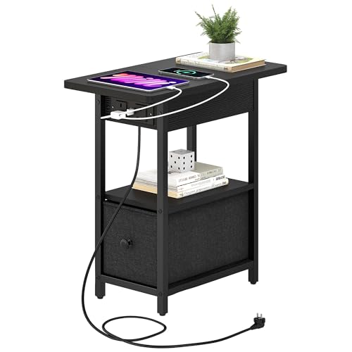 YITAHOME Beistelltisch Schwarz Schmal, Nachttisch mit Steckdose und Schublade, Flip-Top Sofatisch Klein Nachtschrank für Wohnzimmer, Schlafzimmer