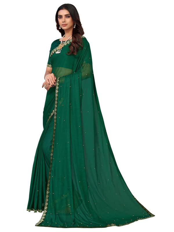 Image of SIRIL Women's Lace & Peral Work Lycra Saree with Unstitched Blouse Piece(2739S252 Bottle Green1)