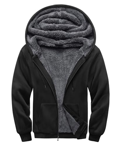 SCODI Hoodies for Men Heavyweight Fleece Sweatshirt - Full Zip Up Thick Sherpa Lined Hooded Sweatshirts Pure black Large