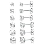 18K White Gold Plated 4 Pong Round Clear Cubic Zirconia Stud Earring Pack of 6 Pairs (6 Pairs)