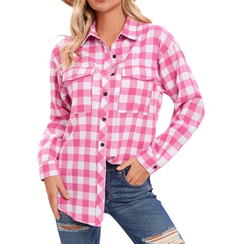 Timuspo Damen Flanellhemden Kariertes Hemdbluse Knopfleiste Langarm Bluse Karo Hemd Tunika Oberteile mit einstellbare Ärmeln Freizeithemd Casual Tops Weiß Rosa L