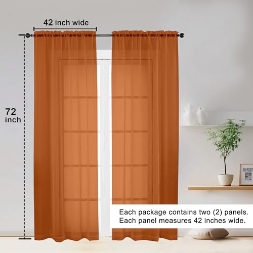Image of OWENIE Sheer Curtains 72 Inches Long 2 Panels Set, Light Filtering Sheer Curtain Rod Pocket Clear Drapes for Living Room Bedroom Window Sliding Door, Each 42 x 72 Inch, Orange