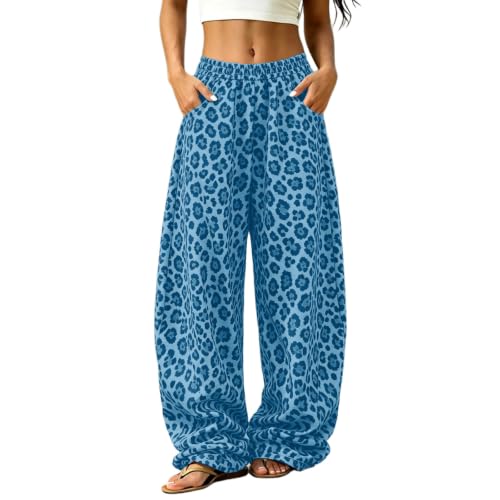 JiXiang Womens Barrel Sweatpants Leopard Print Wide Leg Baggy Bottoms Elastic Waist Y2k Drawstring Fall Winter Lounge Trouser - image 2