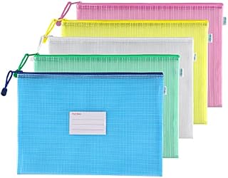 Mr.do A4 Thick Zip Document Wallet File Bag Folders with Label Pocket Plastic Wallets with Zipper Pouch Waterproof Hanging for School Office Supplies Paper Filing Household Bills Receipts Storage 5PCS