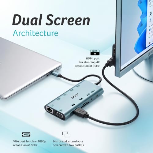 Image of Acer MultiLink 11-in-1 USB-C Hub | 4K HDMI, VGA, Gigabit Ethernet, 100W PD Charging, USB 3.0 5Gbps, SD /TF Card Reader | 3.5mm Audio, Plug & Play Docking Station for Laptop & Compatible USB-C Devices