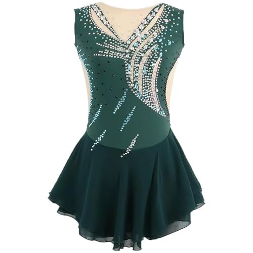 FZHQNZJF Verde,4_6Years, Vestido de Patinaje Artístico para Niñas Trajes Patinaje sobre Hielo de Manga Larga Ropa de Rendimiento de Patinaje de Ballet con Diamantes Uniforme de Gimnasia Competición