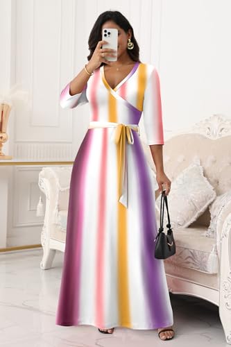 Image of FANDEE Plus Size Maxi Dress for Women Casual Summer Sundress V-Neck 3 /4 Sleeve
