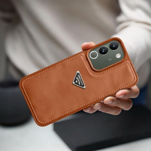 Image of Vaku Luxos Nyxen Back Cover Case for Vivo Y200 5G Premium Leather Stitched Soft Shockproof Protective TPU Phone Case Camera Screen Protector- Brown