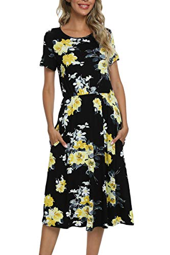 levaca Womens Floral Summer Pleated Modest Work Casual Midi Dress Black M