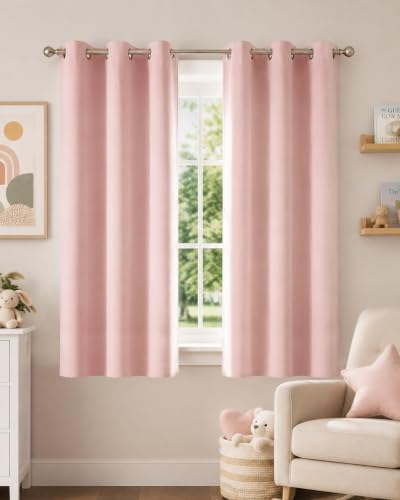 NICETOWN Blush Pink Blackout Curtains 63 Inches Long 2 Panels for Girls Room Bedroom Nursery Thermal Insulated Blackout Drapes Solid Grommet Noise Reducing Window Curtains W40