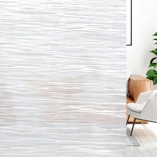 LUTE Window Privacy Film, Frosted Glass Window Film, Removable Sun Blocking Heat Control Door Frost Covering, Static Cling Decorative Opaque Frosting Cling Glass Sticker, Wave Pure, 17.5