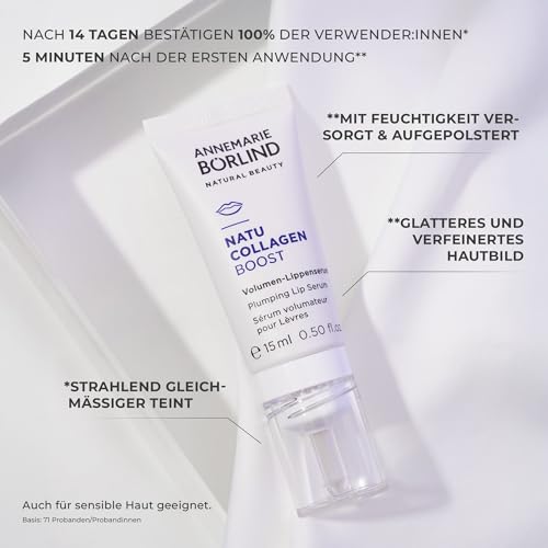 ANNEMARIE BÖRLIND NATUCOLLAGEN BOOST Volumen-Lippenserum (15ml) - Veganes Kollagen Kombiniert Mit Einem Booster Aus Weißer Lupine - Strafft, Spendet Feuchtigkeit und Repariert Spröde Lippen