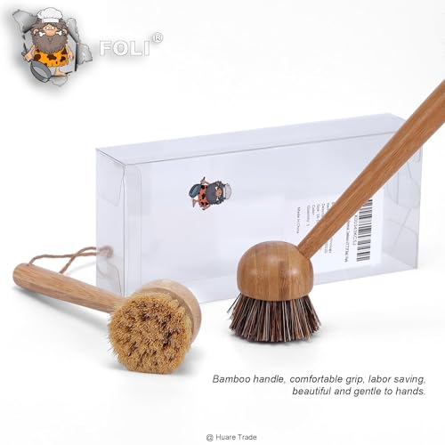 HR Huare Technology Dish Scrub Brushes Bamboo Handle Wooden Cleaning Scrubbers Brushes Stiff Bristles for Washing Kitchen Cast Iron Pan Pot (2PCS with Sisal Bristles & Palm Bristles with Long Handle) - Image 6