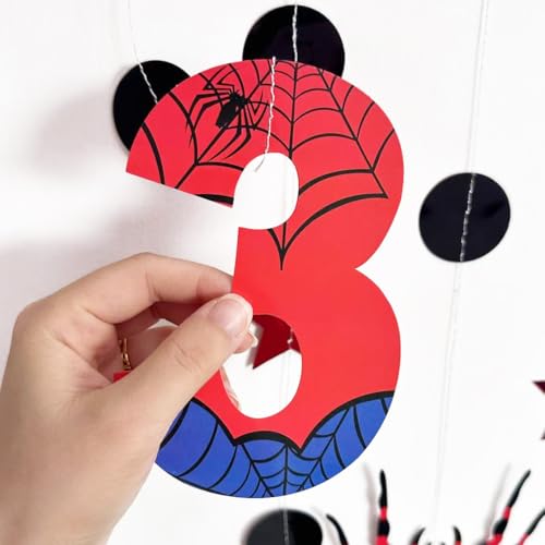 Image of 42Ft Spider 3rd Birthday Party Decorations Red Blue Stars and Black Spider Web Garland Streamer for Boys 3rd Cartoon Spiders Birthday Super Heros Cartoon Bday Party Decor Supplies