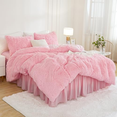Andency Faux Fur Pink Comforter Set King Size, 3 Pieces Fluffy Fuzzy Plush Bedding Comforter Set (1 Shaggy Velvet Comforter & 2 Pillowcases), Soft Puffy Comfy Down Alternative Comforter Bedding Set