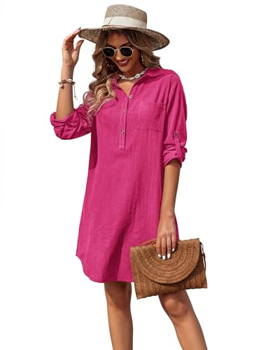 Image of Zeagoo Women Summer Dress Cotton Linen Shirt Dress Button Down Tunic Dress Beach Cover Up Dress
