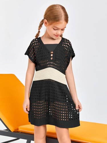 Image of Haloumoning Girls Crochet Swim Beach Cover Up Kids Fashion Button Short Sleeve Swimsuits Cover Ups 5-14 Years
