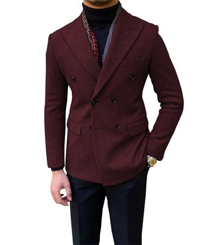 Men's Tweed Blazers Vintage British Tweed Blend Jacket Double Breasted Sport Coat