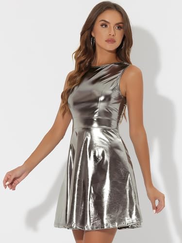 Image of Allegra K Women's Metallic Sleeveless High Waist Club Party Disco Holographic Dress
