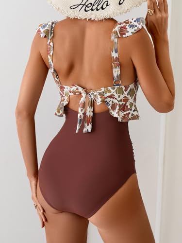 Image of Eomenie One Piece Swimsuit for Women Tummy Control Ruffle Bathing Suit V Neck Ruched Swim Suit Slimming Cutout Swimwear
