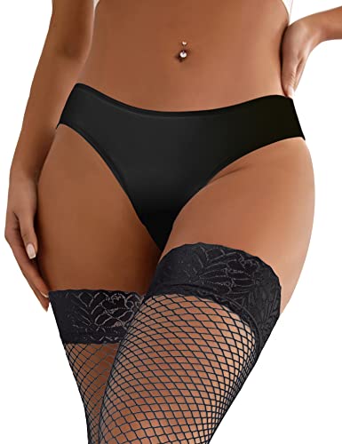 Ohmydear Women Lace Bikini Panties Hollow Out Thong Plus Size Cheeky Panties Stretch Briefs Lace Underwear Black M-L #TOP21