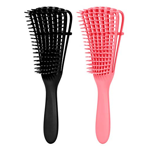 2 Pack Detangling Brush for Curly Hair, Wiisdatek Black Hair Detangler, Afro Textured 3a to 4c Kinky Wavy, Detangle Easily Wet/Dry/Long Hair for Beautiful Shiny Curls (Pink, Black)