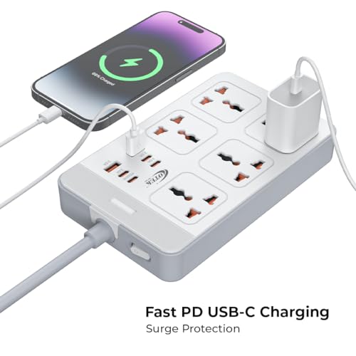 Image of OTEK Extension Board with 5 Universal Sockets 6 USB Ports 4 Type C and 2 Type A Ports 2 Meter Cord 2500W 10A Surge Protector Fire Resistant ABS Body Multiplug Socket with Safety Shutter White