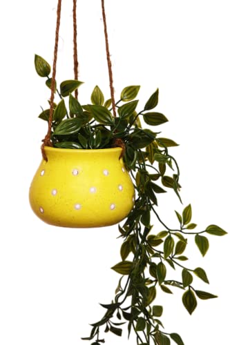 Image of Leafy Tales Hanging Matki Shape Ceramic Pot Set of 2, Pot Only, Multicolor