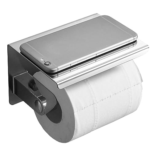 Single Roll Toilet Paper Holder with Phone Shelf, Wall Mounted Stainless Steel Tissue Dispenser for Bathroom (Silver)