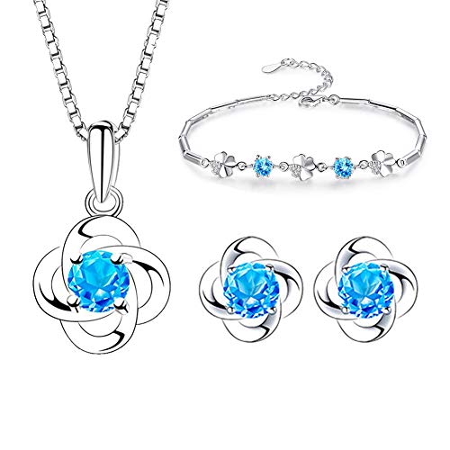 Kamise Parure Femme Argent Fin 925 avec Zirocon Cubique Bleu, Ensemble de Boucles d'oreilles & Collier & Bracelet en Forme de Trèfle, Chaîne Pendentif...