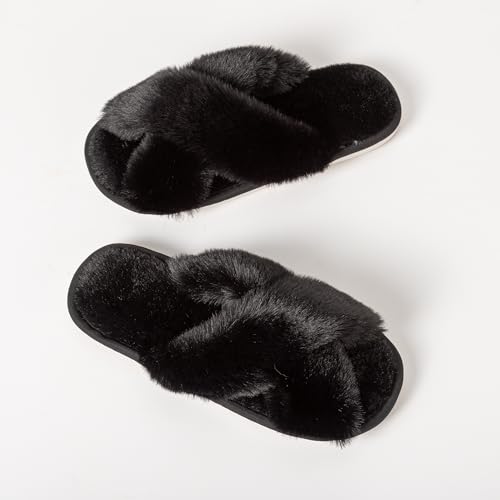 Image of Enteer Women's Slipper Memory Foam Cross Band Fuzzy Slippers Open Toe Cozy House Slippers Cozy Plush Bedroom Indoor Outdoor