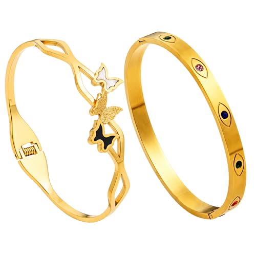 Image of Stylish Gold Plated Bangle for Women | Daily Use Stainless Steel Kada | Anti-Tarnish Waterproof Cuff | Multicolour Crystal Evil Eye | Daily Wear Bracelet For Womens | Premium Gift For Girl
