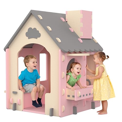 Segmart Kids Playhouse Outdoor & Indoor Playset Modern Gray Cedar Wooden Playhouse for Kids Ages 4-8 with Functional Kitchen Set (Includes Stove Sink) Interactive Doorbell (Pink Gray Beige)