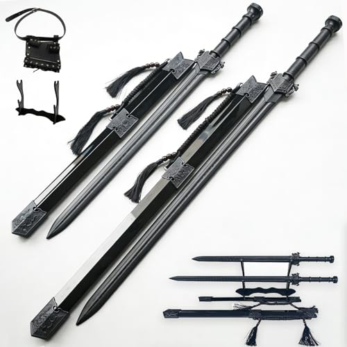 2PCS High Strength Polypropylen Plastic Sword Ancient Style Embroidery Spring Sword with Sheath for Practice and Training with Display Stand and Belt