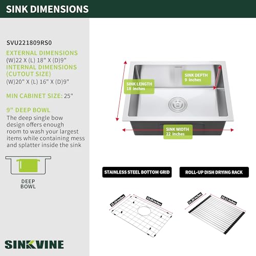 Image of 22-Inch Undermount Kitchen Sink, SINKVINE Stainless Steel Single Bowl