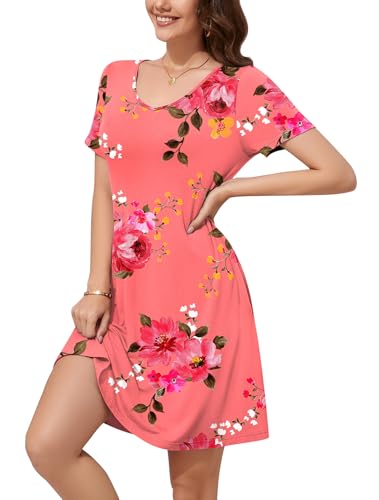 Image of WEACZZY Summer Dresses for Women 2026 V-Neck Casual T Shirt Dress Loose Short Sleeve Flowy Dresses with Pockets