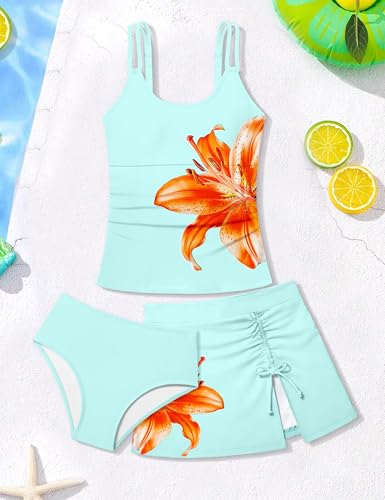 Image of Girls Swimsuit Tropical 3 Piece Tankini Adjustable Strap Bathing Suit Solid Modest Swimwear with Drastring Skirt 9-16y