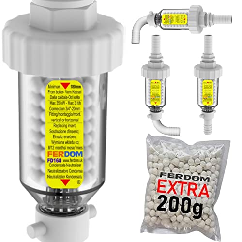 FERDOM FD168 Neutralizador De Condensado De Caldera, Recargable, Tamaño Mini. Para Todas Las Calderas De Condensación De Hasta 35 kW. Ajuste Horizontal O Vertical Para La Tubería De La Caldera.