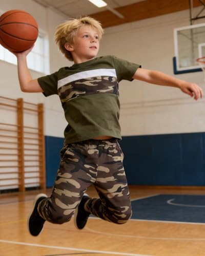Image of OLMRJKD Boys 2 Piece Outfits Color Block Clothes Short Sleeve T Shirt and Camouflage Pants Summer Clothing Sets