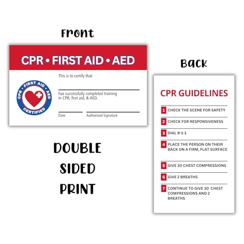 Image of Lashicorn CPR and First Aid AED Certification Cards | 30 pk 2x3.5 inch Wallet Sized Business Paper Quick Reference Guide Fill Out Name Training Certificate