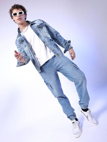 Image of The Indian Garage Co Men Regular Fit Solid Mid-Rise Stretchable Denim Cargo Joggers