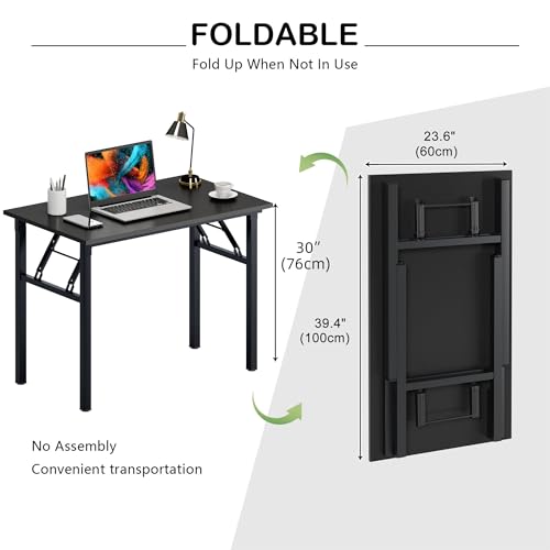 Image of Need Office Computer Desk 39.3 Inch Sturdy Folding Laptop Table Black | Black Frame Writing Gaming Work Table /Foldable Home Office Desk /Sewing Table, No Assembly Required