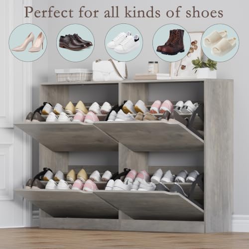 Image of BORNOON Shoe Cabinet with 4 Flip Drawers, Narrow Hidden Shoe Storage Cabinet, Slim Freestanding Shoe Rack Organizer for Entryway, Hallway, Bedroom, Living Room