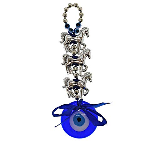 LUCKBOOSTIUM Lucky Triple Horse Charms with Blue Blue Glass Evil Eye Hanging Ornament - Give Protection & Blessing - Sign of Strength & Power - Home & Car Rear View Mirror Hanging Accessories