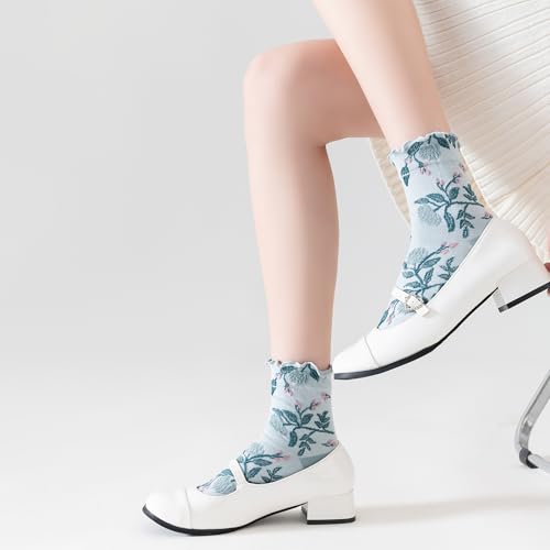 Image of Womens Ruffle Crew Socks Vintage Patterned Ankle Casual Fashion Dress Sock Cute Lettuce Floral Socks 5 /6 Pack