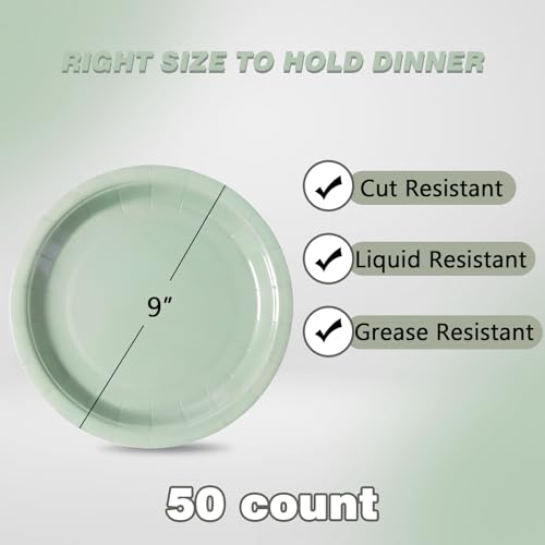 Image of Sage Green Disposable Paper Plates, 9 Inch Dinner Plates, 50 Count Bulk