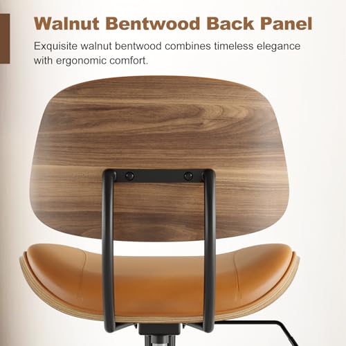 Image of Armless Office Chair with Wheels, PU Leather Adjustable Height Desk Chair - 360 Swivel Ergonomic Computer Chair for Small Space, Modern Walnut Style, Home & Meeting Room, Brown